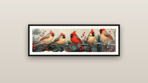 Framed painting on a wall: Ruby Cardinal Wall Art of Conifers