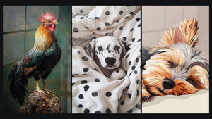 Mosaico de tres cuadros, entre ellos Gallo N°1 y Dálmata N°5