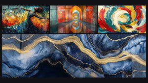Mosaic of four paintings, including Dance Fire Liberation Red, Liquid Marble Eternity Blue and Arched Iridescent Vermillion