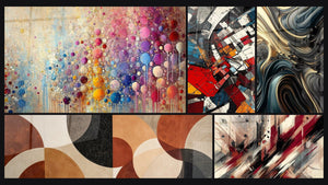 Mosaic of five paintings, including Mosaic Spheres, Architectural Revolution Modern and Artistic Turbulence