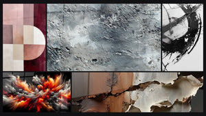 Mosaic of five paintings, including Solar Storm Abyss, Textured silver-gray abstract and The Break in Time