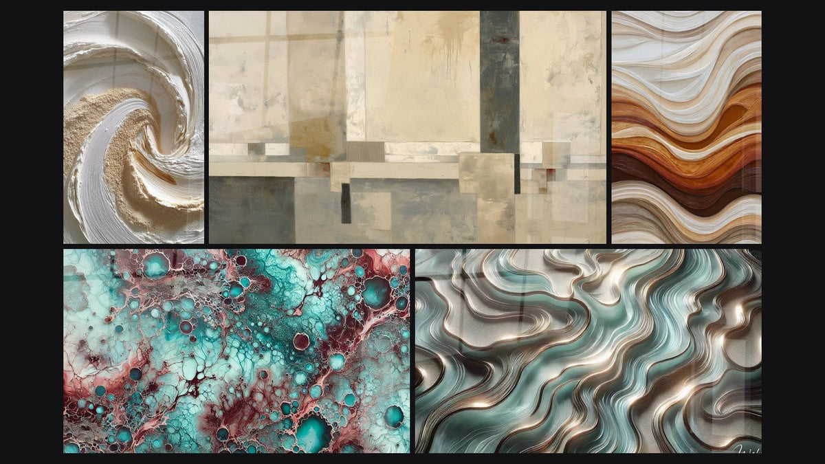 Mosaïque de cinq tableaux, dont Spirale dorée et blanche en relief texturé et Composition géométrique beige et gris