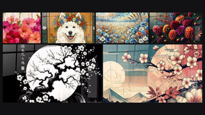 Mosaico de seis cuadros, entre ellos Flores rosas y coral florecientes, Canto de las Praderas y Sinfonía Floral