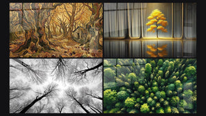 Mosaico de cuatro cuadros, entre ellos Bosque Encantado, Árboles vista desde el suelo y Tranquilidad Eterna
