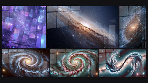 Mosaic of six paintings, including Cosmic crystalline cubes, Andromeda Galaxy and The Eye of the Universe