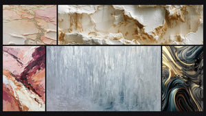 Mosaic of five paintings, including Abstract textured blush gold beige and Eroded White Texture with Sculpted Reliefs