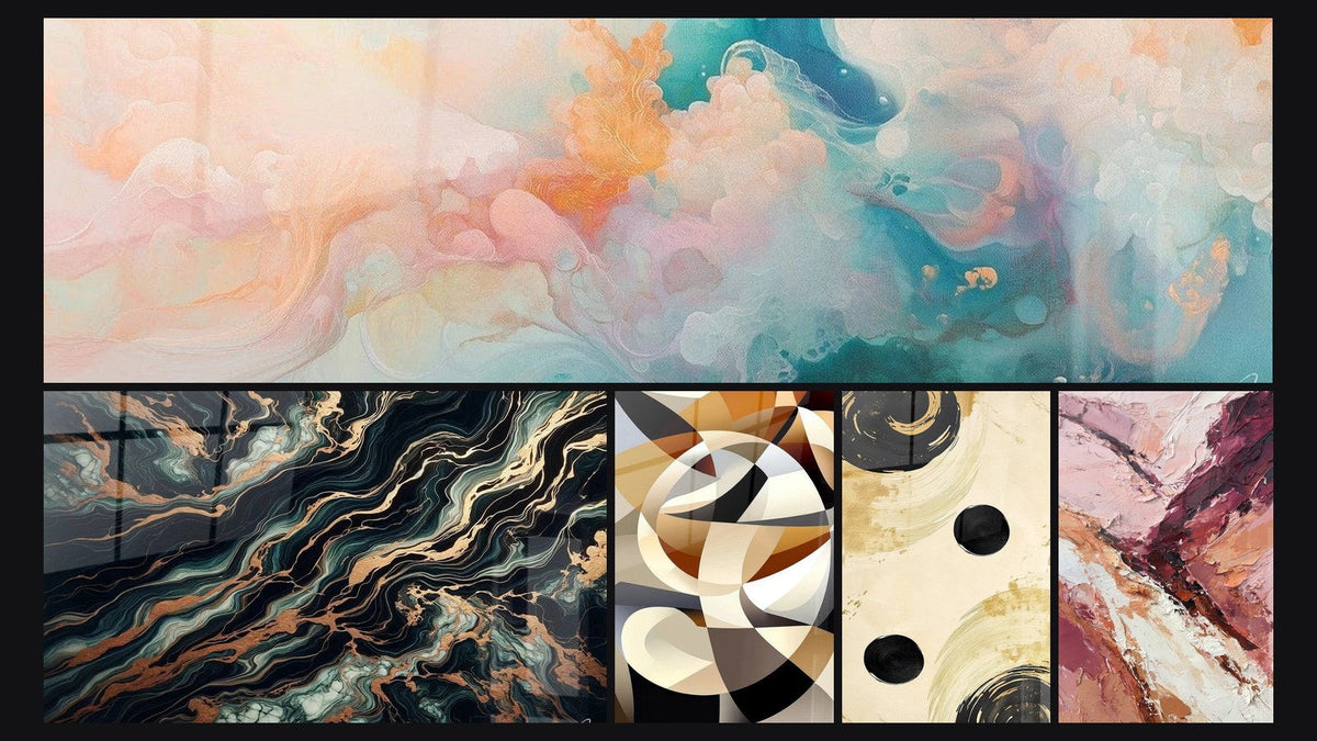 Mosaïque de cinq tableaux, dont Cumulus Flottants Rose, Flux Aurifère et Formes circulaires entrelacées