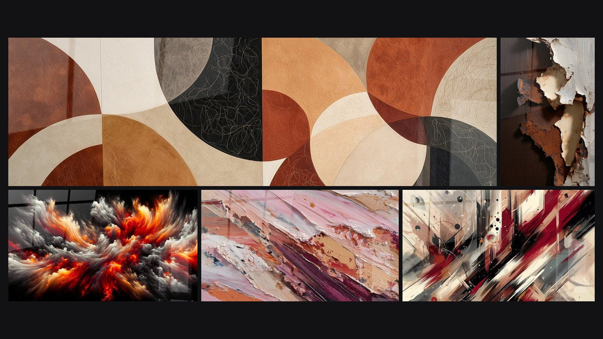 Mosaico de cinco cuadros, entre ellos Tormenta Solar Abisal, Abstracto en tonos rosas y tierra y Turbulencia Artística