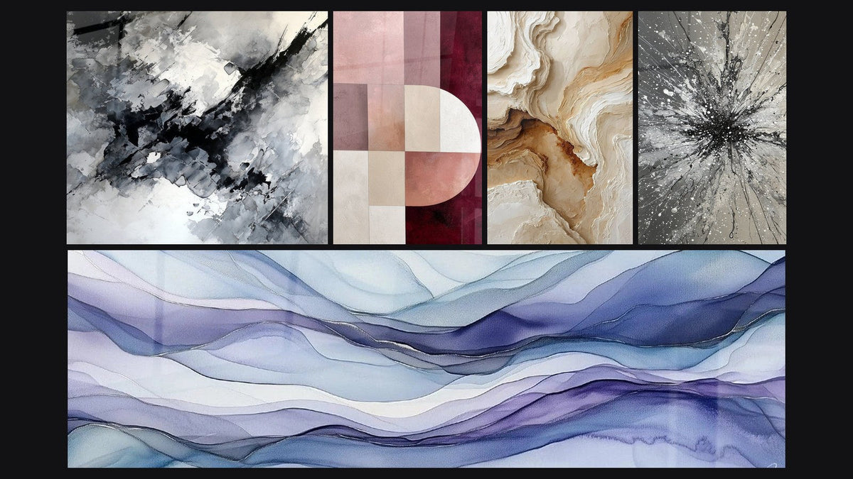 Mosaic of five paintings, including Dreamy Scrolls Periwinkle and Textured Abstract Wall Art Beige and Ochre