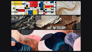 Mozaïek van vijf schilderijen, waaronder Tafel geometrische compositie, Goudstroomtabel en Symbiose Golvend Koraal