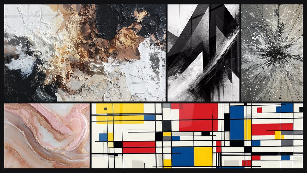 Mosaico de cinco cuadros, entre ellos Abstracto texturizado blanco negro bronce y Trayectorias Fracturadas
