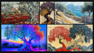 Mosaico de cinco cuadros, entre ellos Campo de Amapolas y Olivos y Olivo Violeta con Raíces Doradas