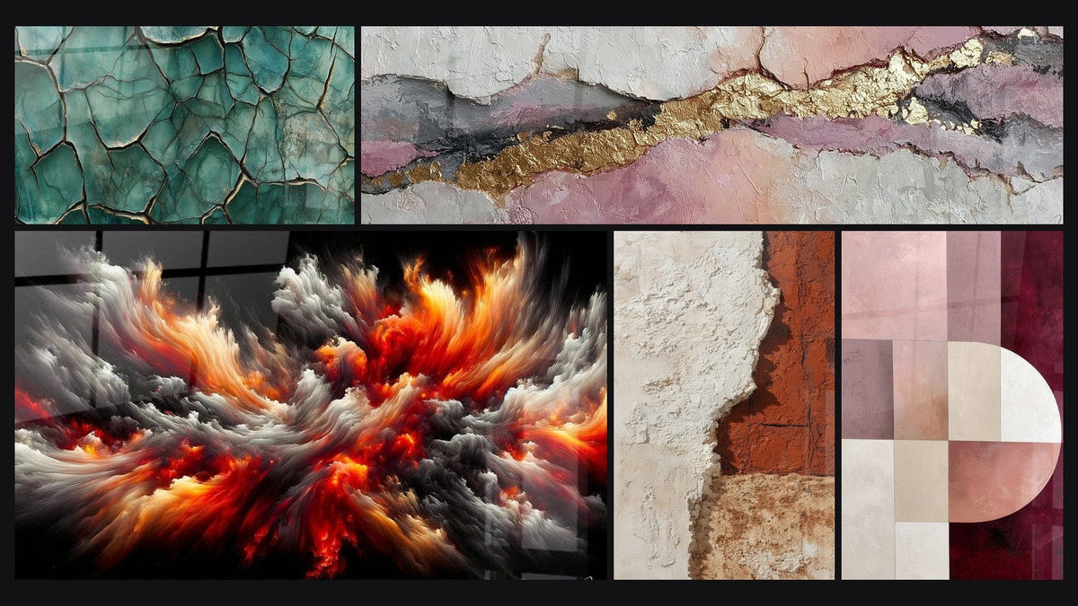 Mosaico de cinco cuadros, entre ellos Tierra Fracturada y Tormenta Solar Abisal