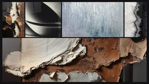 Mosaico de cinco cuadros, entre ellos Esfera abstracta y Texturas abstractas tierra y blanco roto