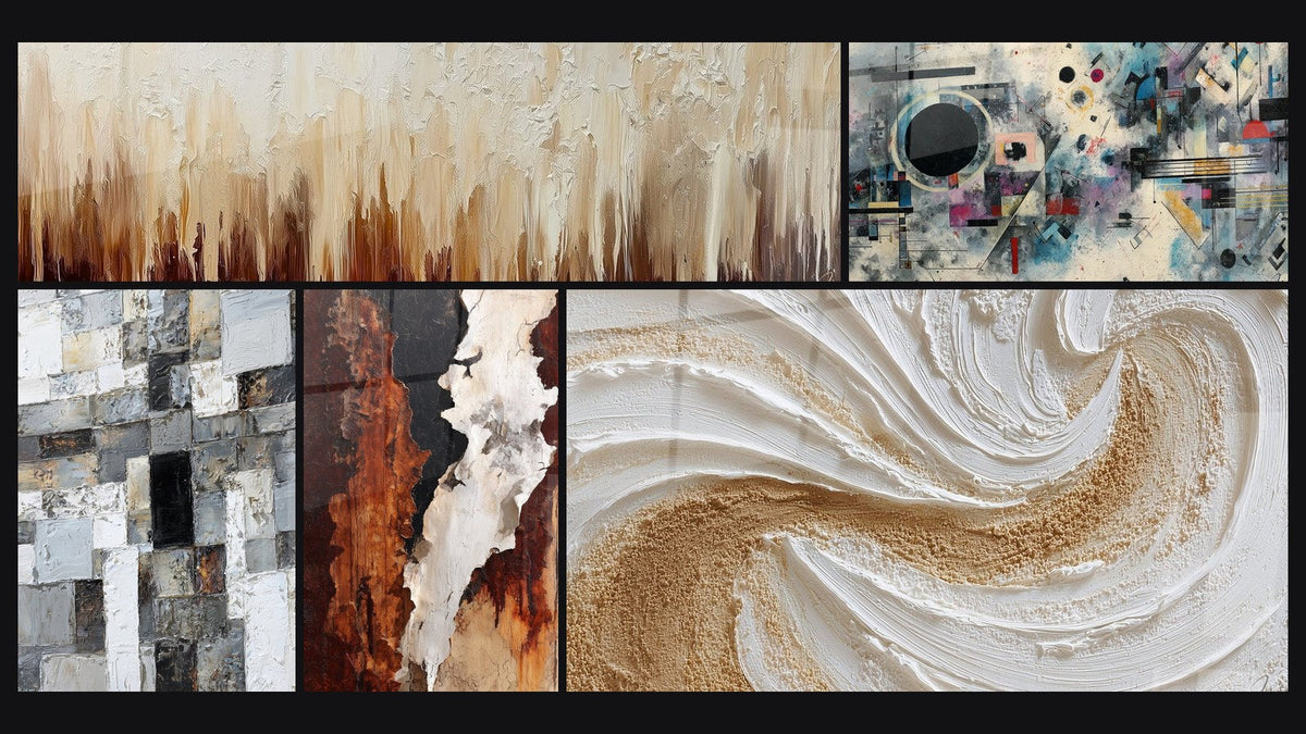 Mosaico di cinque quadri, tra cui Composizione astratta geometrica di e Mosaico Astratto Grigio e Bianco