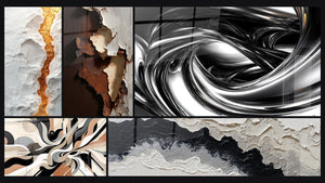 Mosaic of five paintings, including Graphical Vibrations and Metallic Whirlpool