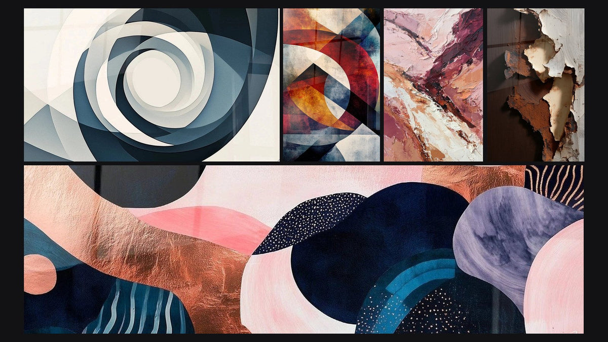 Mosaico de cinco cuadros, entre ellos Vortex Azul, Formas geométricas circulares y Simbiosis Ondulante Coral