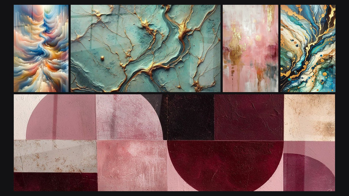 Mosaik aus fünf Gemälden, darunter Resonanz der himmlischen Töne, Goldene Flüsse und Labyrinth Mineralien