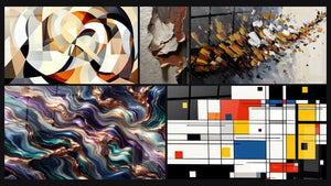 Mosaic of five paintings, including Interlocking circular shapes, Dynamic explosion and Serenade Mineral Abstract