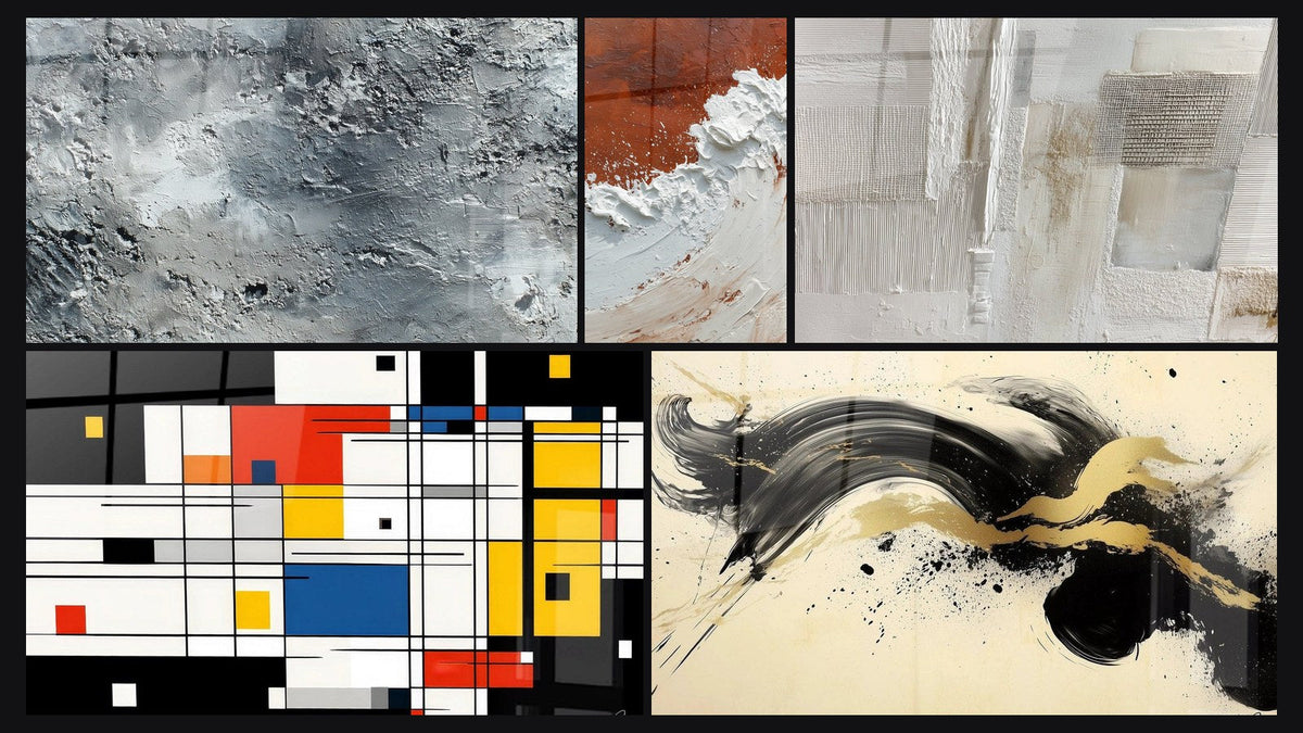Mosaico de cinco cuadros, entre ellos Abstracto gris plateado texturizado y Abstracta Tierra y Blanco Material Grueso