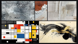 Mosaico de cinco cuadros, entre ellos Abstracto gris plateado texturizado y Abstracta Tierra y Blanco Material Grueso