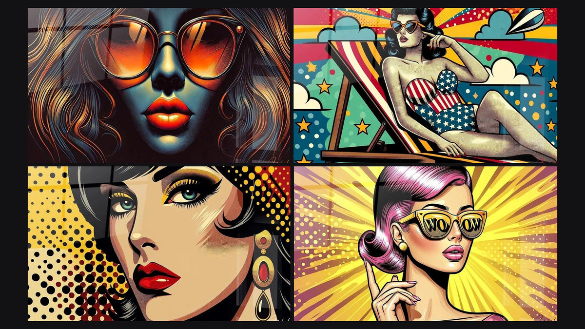 Mozaïek van vier schilderijen, waaronder Gloed van de Nacht, Tafelstuk Amerikaanse Pin-Up en Chique en Pop