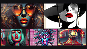 Mosaic of five paintings, including Night Glow, Modern Glow and Mythical Pop