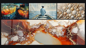 Mozaïek van vier schilderijen, waaronder Vurig Vrije Dans Rood, De Kunst van Water en Zandschatten