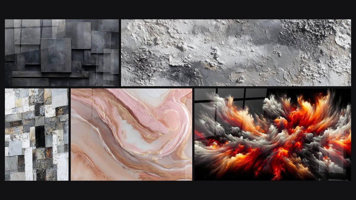 Mosaic of five paintings, including Abstract Gray and White Mosaic and Gray and Silvered Mineral Abstract Texture