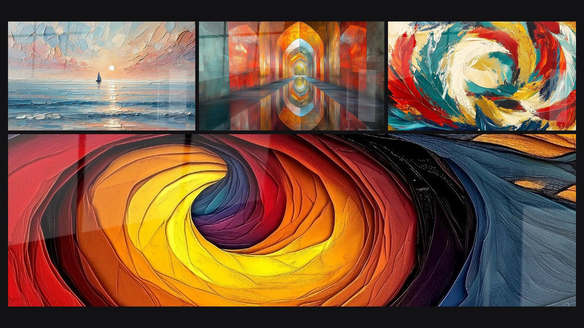 Mosaico di quattro quadri, tra cui Viaggio al Tramonto, A spirale tourbillon fuoco e acqua e Volte Cangianti Vermiglio