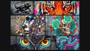 Mosaic of six paintings, including Stone Traveler and Grafitti-Layered Portrait