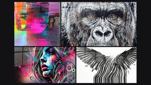 Mosaic of four paintings, including Urban Glitch and Street Art Wall Art No. 1