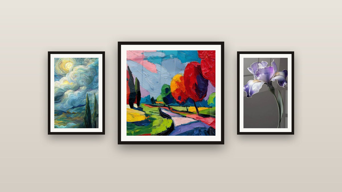 Gallery wall with three framed paintings: Cypress Under Starry Sky, Colored rural landscape and Iris Wall Art No. 9