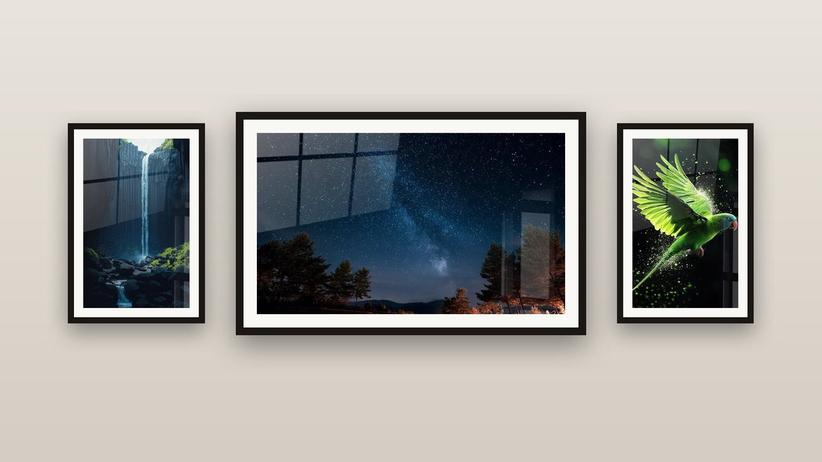 Galerijwand met drie ingelijste schilderijen, waaronder Sterrenhemel met Raamreflectie en Grasparkiet nr. 2