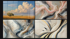Mosaico de cuatro cuadros, entre ellos Paisaje pradera y nubes, Matices Envolventes y Flujos de Seda