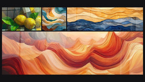 Mosaico de cuatro cuadros, entre ellos Zest de Lumière, Ondas fluidas doradas y turquesa y Dunas Océano Azul
