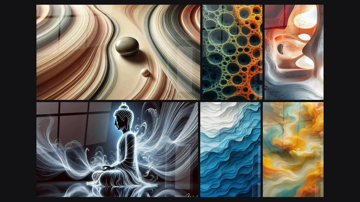 Mosaic of six paintings, including Lines and Perspectives, Fluid Peace and Consciousness Nests