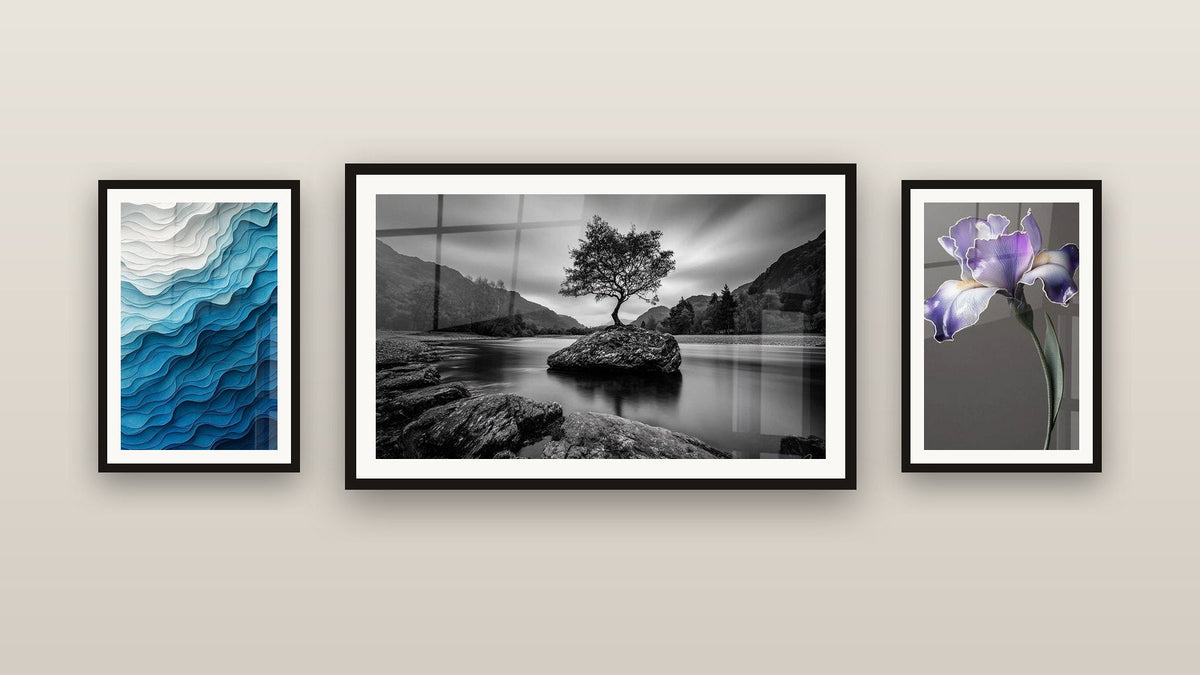 Gallery wall with three framed paintings: Solitary Tree on Rock, The Folds of the Ocean and Iris Wall Art No. 9