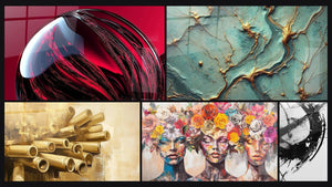 Mosaic of five paintings, including Scarlet Sphere, Golden Mechanical and Golden Rivers