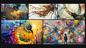 Mosaico de cinco cuadros, entre ellos Paisaje cósmico, Pájaro colorido espiral y Musa Moderna