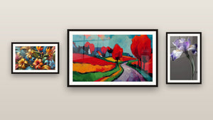 Gallery wall with three framed paintings: Colorful rural landscape, Botanical Rhapsody and Iris Wall Art No. 9