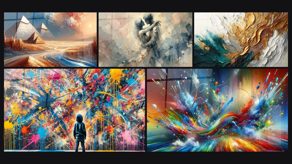 Mosaico de cinco cuadros, entre ellos Mirage Egipcio, Explosiones y Entre Nosotros