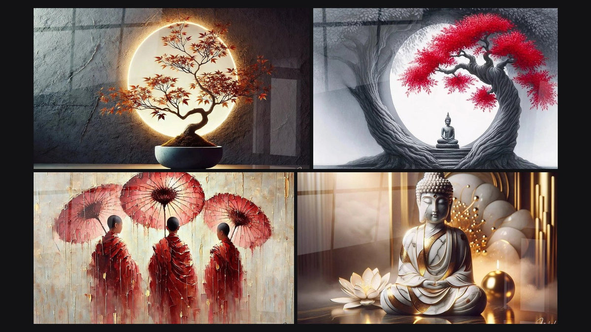 Mosaik aus vier Gemälden, darunter Luminöse Ausgeglichenheit, Meditative Reise und Spirituelle Echos