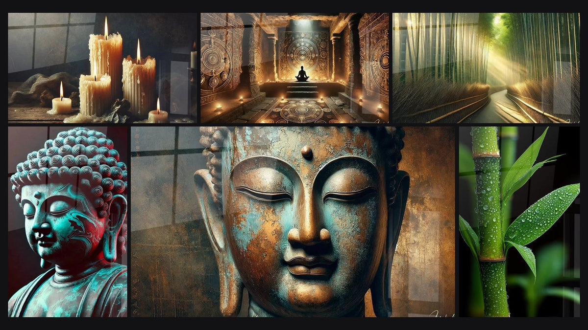 Mosaic of six paintings, including Whispers of the Flame, Sacred Sanctuary and Zen Alley