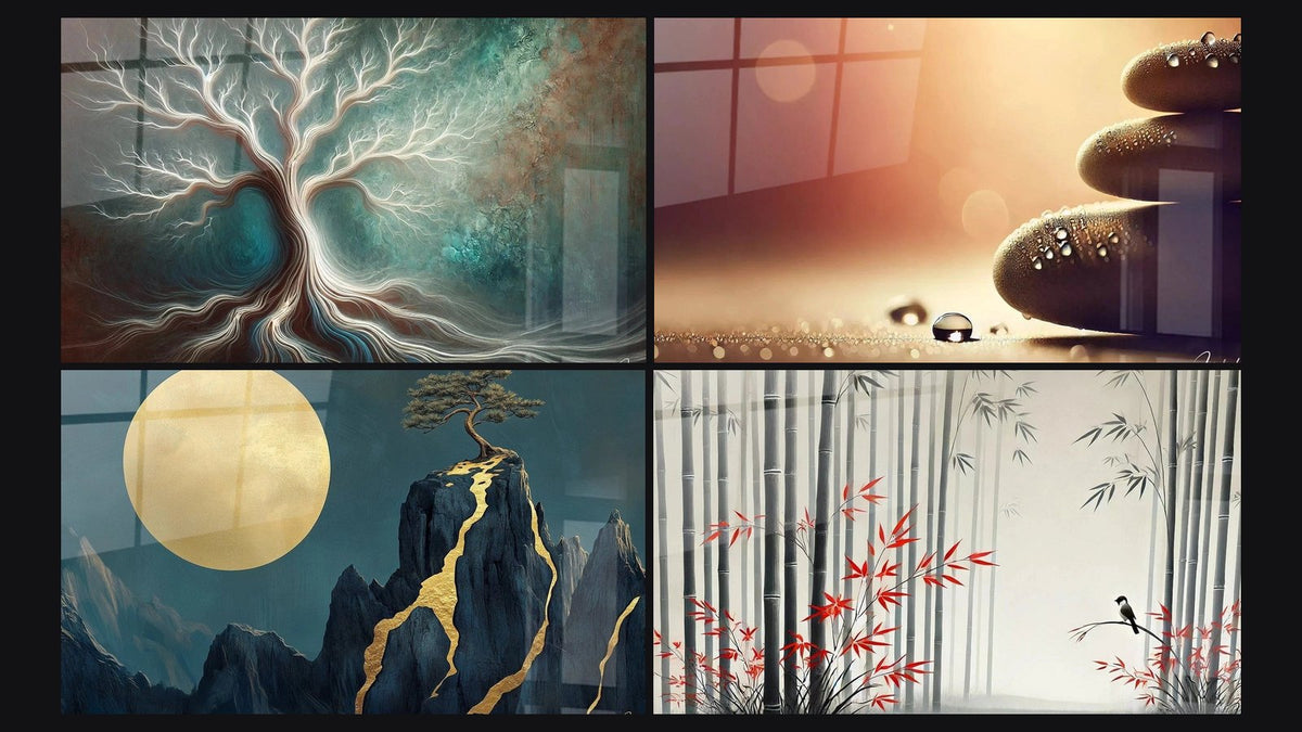 Mosaico de cuatro cuadros, entre ellos Armonía Efímera, Silencio Matutino y Costa Zen -Edición Japón