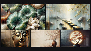 Mosaico de cinco cuadros, entre ellos Jardín de Reflejos, Silencio Dorado y El Camino Dorado