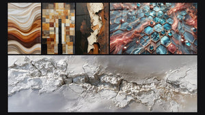 Mosaico de cinco cuadros, entre ellos Ondas Fluidas Tierra y Cobre y Redes de Resplandor