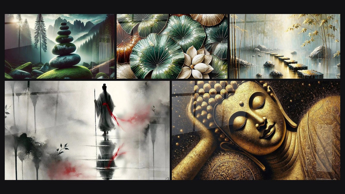 Mosaico de cinco cuadros, entre ellos Equilibrio Forestal, Jardín de Reflejos y El Sendero del Despertar