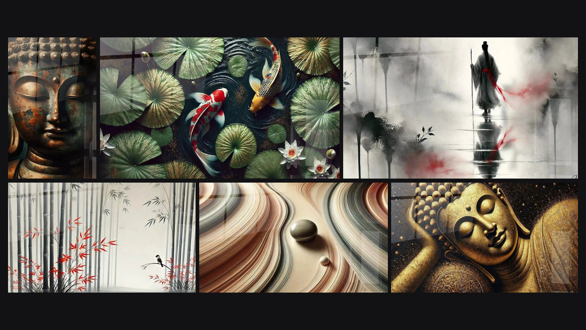 Mosaico di sei quadri, tra cui Risveglio Interiore, Sotto le Foglie, una Poesia e Luce Attraverso i Bambù