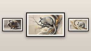 Gallery wall with three framed paintings: The Armor of Trees, Armadillo Wall Art, Messenger of Mists and On the Ridge of Time
